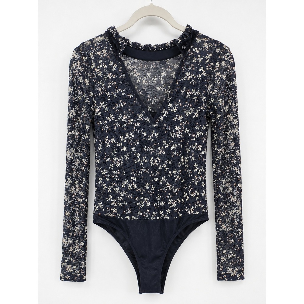 American Bazi Floral Lace Long Sleeve V-Neck Bodysuit Black Size L